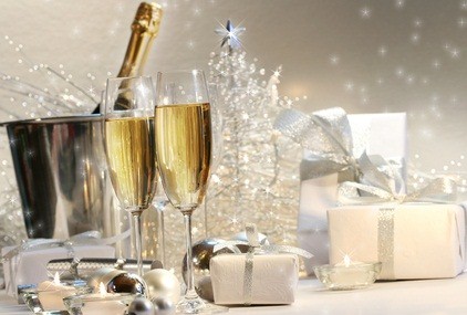 champagne glasses, ice bucket, presents