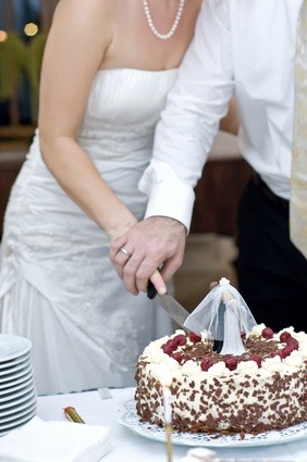 newlyweds cutting wedding cake