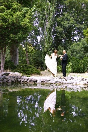 newlyweds by pond