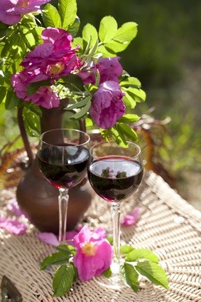 flowers and glasses of wine