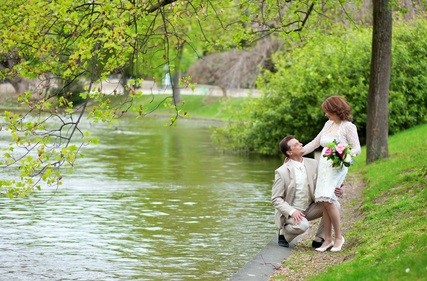 newlyweds by river