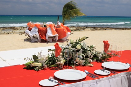 outdoor reception tables, place settings on beach