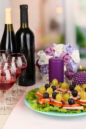 wine, candles, hors d'oeuvres